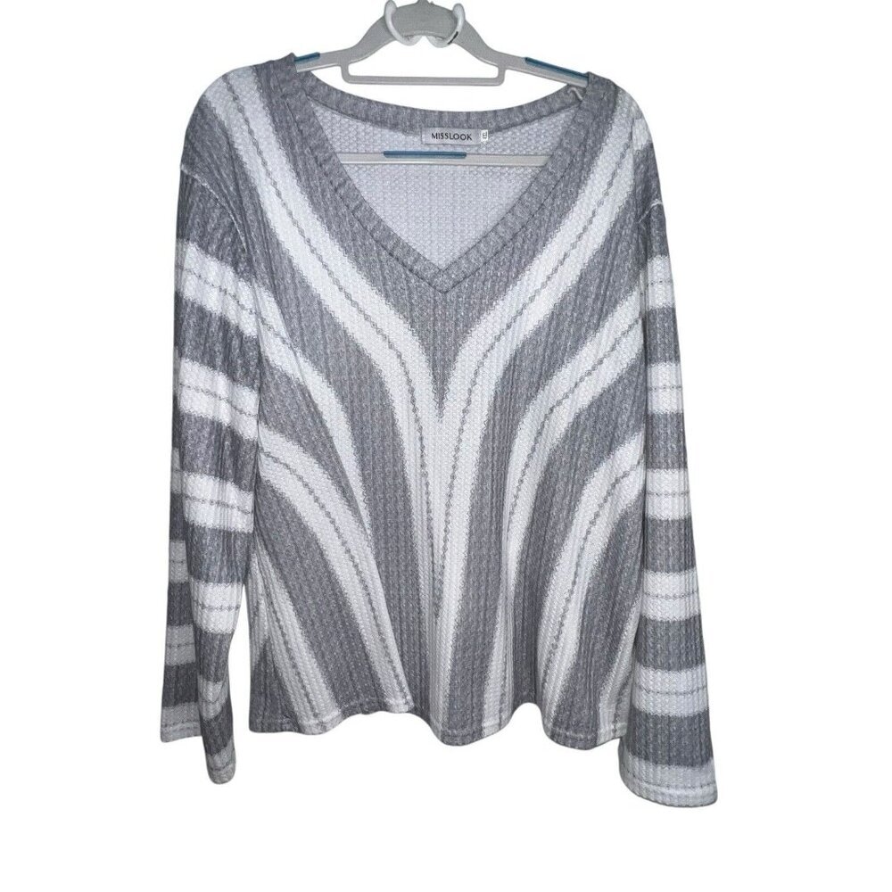 MissLook Gray & White Striped V-Neck Knit Sweater Long Sleeve Women's Size 4XL